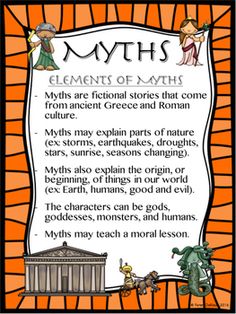 an orange and black poster with the words,'myths elements of earth '