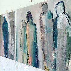 three abstract paintings depicting people standing in front of each other, one is painted with acrylic paint