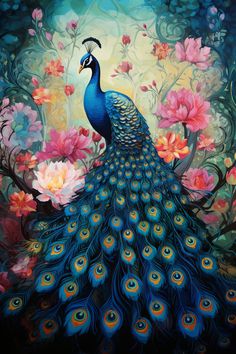 a painting of a peacock with flowers in the background