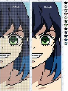 two cross stitch anime characters, one with green eyes and the other with blue hair