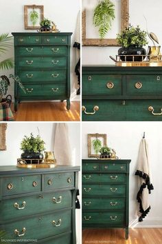 four pictures of green dressers with plants on top