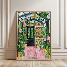 a painting of a greenhouse with potted plants on the wall and wooden flooring