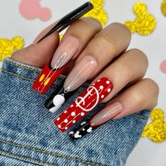 Mickey Mouse Nails Red Mickey Nails, Cars Nails Disney, Disney Halloween Nails Acrylic, Red Disney Nails, Aesthetic Disney Nails, Disney Nails Art, Disney Holiday Nails, Disney Themed Nails Acrylic