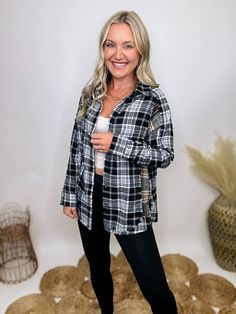 Contrast Flannel Casual Shirt with Frayed Hems Elevate your casual wardrobe with our Contrast Flannel Casual Shirt. This button-down, long sleeve shirt features a timeless black and white plaid pattern with a subtle pop of olive, adding a touch of modern flair. The frayed hem details throughout give it a relaxed, laid-back vibe, perfect for everyday wear. The relaxed fit ensures comfort and versatility, making it an ideal choice for a variety of settings. Wear it to a pumpkin patch outing, a cas Black Long Sleeve Flannel Shirt For Fall, Black Flannel Shirt For Work, Black Flannel Shirt With Button Closure, Black Long Sleeve Flannel Shirt With Button Closure, Black Flannel Top For Fall, Black Long Sleeve Flannel Shirt, Trendy Black Flannel Top, Plaid Long Sleeve Flannel Shirt With Button Closure, Black And White Plaid