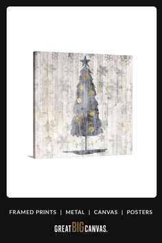 a christmas tree with gold balls on it in front of a white background and the words, framed prints metal canvass posters great big canvases