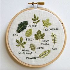 an embroidery project with different types of leaves and plants on it's hoop frame