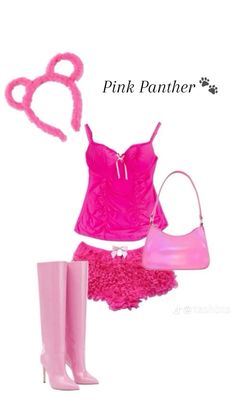 a pink outfit with boots, purse and handbag on top of the image is captioning pink panther