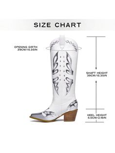 Step up your cowgirl style with these Stunning Silver Metallic Cowboy Boots! These boots feature butterfly embellishments that add a touch of femininity to the authentic cowgirl design. Made with high-quality materials, these boots are durable and stylish. Perfect for any cowgirl looking to make a statement. Color : Silver Closure Type : Slip on Insole Material : Polyester Lining Material : Polyester Outsole Material : TPR Upper Material : PU Leather Composition : 100% Polyurethane White Boots For Western-themed Events, White Country Boots For Fall, White Round Toe Boots For Country Events, Fitted White Boots For Country Events, White Western Knee-high Boots With Wide Calf, White Wide Calf Western Knee-high Boots, White Boots For Western-themed Summer Events, White Boots For Summer Western-themed Events, Western White Snip Toe Knee-high Boots