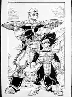 a black and white drawing of two characters