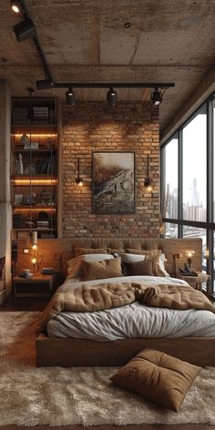 a large bed sitting in the middle of a bedroom next to a tall brick wall