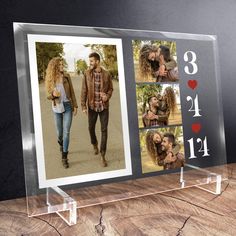 a clear acrylic photo frame with photos and hearts on the front is shown