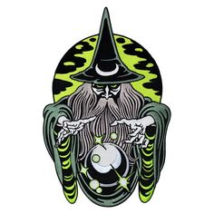 a patch with an image of a wizard holding a ball and wearing a witches hat