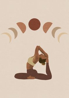 a woman is doing yoga in front of an orange and brown sun with her hands on her hips