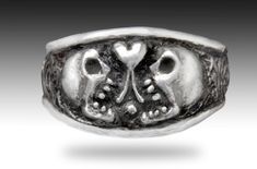 "\"Love\" Skull Ring Custom made to order. Hand carved in wax then cast in solid sterling silver. A fairly small ring - smaller than a dime....at its widest point Lots of detail. Very organic. Highly polished and antiqued for a vintage look. Diamonds or other jewels may be added to the eyes at additional cost. Please inquire. Custom orders welcome." Rocker Rings, Pirate Ring, Memento Mori Ring, Skull Wedding Ring, Sterling Silver Skull Rings, Diamond Skull, Skull Wedding, Silver Skull Ring, Biker Rings