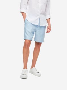 Our Sydney 2 shorts in light sky blue are cut for a regular fit for the perfect, warm weather ready style. We have developed a mid-weight, beautifully soft and breathable pure linen that will keep you cool and comfortable in even the hottest of conditions. This made in Italy fabric is finished by being piece-dyed before construction for a bright and vibrant pure blue. The Sydney 2 short features a curved back yoke for a great fit and an elasticated waistband with drawcord for comfort. The front Spring Light Wash Bermuda Shorts, Light Blue Bottoms With Built-in Shorts And Relaxed Fit, Casual Blue Linen Shorts, Light Blue Relaxed Fit Cotton Shorts, Light Blue Cotton Relaxed Fit Shorts, Blue Linen Bottoms For Vacation, Light Blue Cotton Shorts For Vacation, Light Wash Knee-length Shorts For Summer, Casual Light Blue Shorts For Vacation