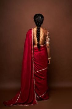 Maroon saree featuring pitta, cutdana and butti work. Paired with an embroidered sleeve blouse and a petticoat. - Aza Fashions Navratri Raw Silk Pre-draped Saree With Unstitched Blouse, Navratri Pre-draped Saree With Unstitched Blouse In Raw Silk, Fitted Pre-draped Saree With Dori Work, Fitted Pre-draped Dori Work Saree, Dola Silk Pre-draped Saree With Unstitched Blouse, Traditional Pre-draped Dola Silk Saree With Unstitched Blouse, Traditional Drape Dola Silk Blouse For Transitional Season, Chanderi Blouse For Wedding With Traditional Drape, Wedding Chanderi Blouse With Traditional Drape