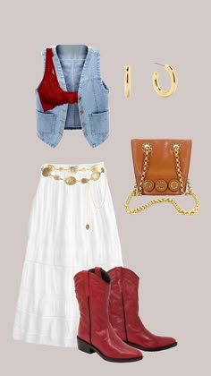 cute western cowgirl outfit inspo White Cowboots Outfit For Women, Cassidy Montalvo Outfits, Cowgirl Inspired Outfits, Denim Vest Western Outfit, Red Country Outfit, Fancy Cowgirl Outfits, 80s Western Fashion, Cute Country Outfits For Summer, Country Concert Outfit Ideas Fall