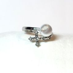 Silver Freshwater Pearl Sideways Cubic Zircon Religious Jesus Cross Ring * Pearl Sideways Cross Wrap Ring * Sterling Silver * Stone : Freshwater Pearl With Cubic Zircon * Adjustable : Us 6-7 #Ringsize6 #Ringsize7 #Adjustablering #Openring #Jesus #Religious #Catholic #Christian Sterling Silver Natural Freshwater Pearl Ring - Open End Adjustable Band - Double Criss Cross Band - Organic Stone Gift Jewelry Jesus Religious Virginmary Catholic New Gold Rosary Beads Religious God Christ Virgin Mary Chr Gold Rosary, Aesthetic Rings, Ring Pearl, Freshwater Pearl Ring, Jesus Cross, Wrap Ring, Rosary Beads, Cross Ring, Jesus On The Cross