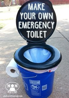 a blue trash can with the words make your own emergency toilet written on it's lid