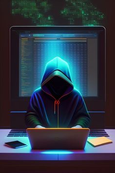 a person sitting in front of a laptop computer with a hoodie over their face