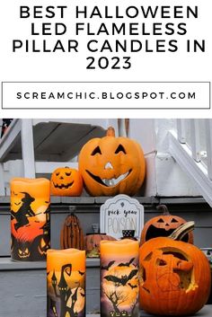 halloween candles with pumpkins and jack - o'- lanterns on the front porch