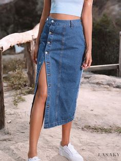 Lasaky - Irregular Split Button High-Waisted Denim Midi Skirt Summer Denim Skirt, Midi Jean Skirt, Denim Button Skirt, High Waist Long Skirt, Clothes Korean Style, Button Outfit, Nature Dress, Denim Skirt Women, Denim Patterns