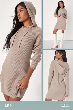 The Lulus Snuggly Option Heather Taupe Hooded Mini Sweater Dress is the cutest and coolest way to stay cozy all day long! Super soft ribbed knit (with a heathered effect throughout) shapes this must-have sweater dress that features an oversized drawstring hood framed by long sleeves with drop shoulders. Relaxed, shift silhouette leads to a cute mini hem. Pair with your cutest knee-high boots for the ultimate cold-weather look! Fit: This garment fits true to size. Length: Mid-thigh. Size medium m Fall Ribbed Sweater Dress For Loungewear, Casual Winter Sweater Dress With Ribbed Cuffs, Cozy Ribbed Sweater Dress For Winter, Cozy Ribbed Winter Sweater Dress, Ribbed Hoodie For Fall Loungewear, Winter Ribbed Hoodie For Loungewear, Cozy Ribbed Winter Hoodie, Ribbed Knit Sweater Dress For Loungewear, Lulu Fashion