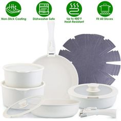 an assortment of white dishes and pans are shown with instructions for how to use them