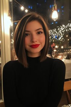 Woman in a black turtleneck smiling in a warmly lit restaurant with string lights in the background. Layered Bob Hairstyles Straight, Layered Back Of Hair Short, Layered Lob Straight, Haircut For Rebonded Hair, Stepped Bob, Short Haircuts Round Face, Short Straight Hair With Layers, Short Haïr Cut For Chubby Face, Lob Straight Hair