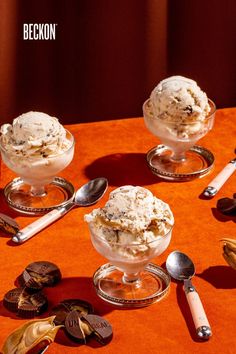 Three clear small goblets laid out in a triangular form each with Beckon Ice Cream's Lactose Free Peanut Butter Cup (upcylced made with UNREAL Snack Peanut Butter Cups). The setting is a retro orange table with pink and silver spoons net to each goblet. On the surface is also broken up peanut butter cups as well as a few extra spoons each with peanut butter scoops on them. Ice Cream Peanut Butter, Lactose Free Desserts, Peanut Butter Cup Ice Cream, Indulgent Food, Ice Cream Brands, Chocolate Peanut Butter Cups, Healthy Ice Cream, Food Drink Photography