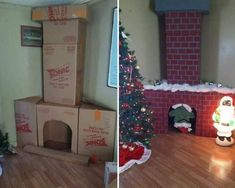 two pictures side by side one has a christmas tree and the other is a cardboard box