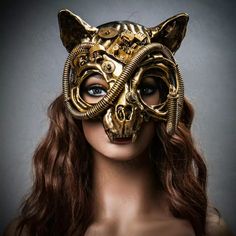 Steampunk Wild Cat Animal Skull Halloween Costume Masquerade Party Mask Gold | eBay Punk Costume Accessories For Carnival, Punk Costume Accessories For Carnival Party, Punk Halloween Cat Ears Costume Accessories, Punk Halloween Costume Accessories With Cat Ears, Punk Style Cat Ears Halloween Costume Accessories, Fitted Novelty Costume Accessories With Cat Ears, Gothic Fitted Masks And Prosthetics For Halloween, Fitted Gothic Masks And Prosthetics For Halloween, Cyberpunk Halloween Costume Accessories