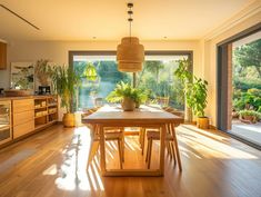 a dining room table with chairs and potted plants in the center is surrounded by large sliding glass doors