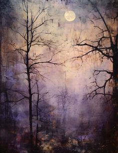 a painting of trees with the moon in the background