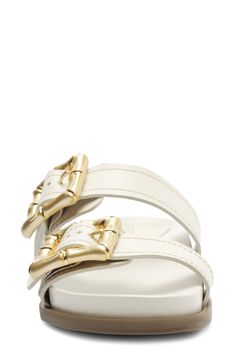 Bamboo-inspired buckles bring top a double-band slide sandal furnished with contoured cushioning. 1" heel; 1/2" platform; 1/2" slope (size 8.5) Leather upper/synthetic lining and sole Made in Brazil Sandal Women, Slide Sandals, Womens Sandals, Brazil, Leather Upper, Nordstrom, Sandals, Band, Heels