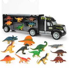 a toy truck with many dinosaurs in it