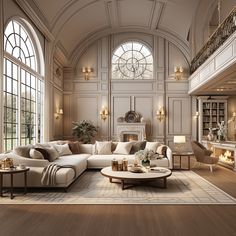 a large living room with high ceilings and windows on the wall, along with white furniture