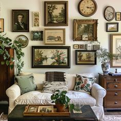 Gallery wall featuring vintage botanical prints, landscape paintings, and family portraits4 Vintage Living Room Aesthetic, English Countryside Bedroom, Countryside Bedroom, Home Decor Ideas Living Room Apartment, Living Room Aesthetic, Decorating Bedroom, Decoration Inspiration, Apartment Inspiration