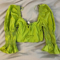 Nwt 3/4 Sleeve V-Neck Ruched Detail, Ruffle Accents, Frills & Ruffles 51% Cotton, 41% Polyester, 8% Elastane Frills And Ruffles, Urban Outfitters Top, Urban Outfitters Tops, Flared Sleeves, No Frills, Lime Green, Ruffles, Urban Outfitters, Womens Tops