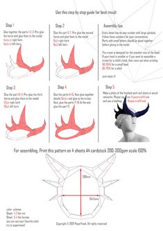 the instructions for how to make an origami bird head with wings and horns