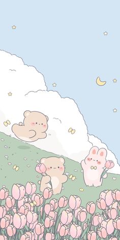 three teddy bears sitting on top of a hill surrounded by tulips and stars