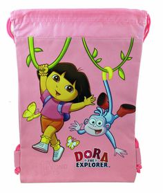 a pink bag with an image of dora the explorer and her friends hanging from it