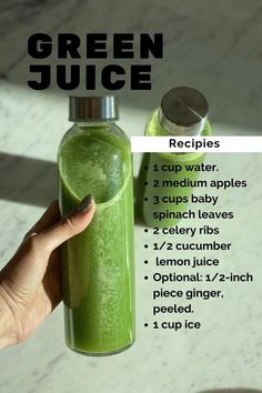 a hand holding a green juice bottle with instructions on how to make it in the blender