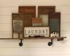 there is a shelf with some items on it and the words laundry are written in black