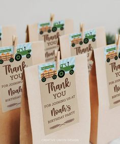 there are many bags with tags on them that say thank you for joining us at noah's birthday party