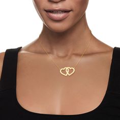 Ross-Simons - C. 1980 Vintage 14kt Yellow Gold Two-Heart Necklace, Diamond Accents. 16". C. 1980. Two become one in this meaningful symbol of love. Our Estate collection necklace interlocks a precious pair of 14kt yellow gold open-space hearts, each sparked with a round brilliant-cut diamond accent. Stationed on a classic cable chain. Springring clasp, 14kt yellow gold two-heart necklace. Exclusive, one-of-a-kind Estate Jewelry. Diamond birthstones are the perfect gift for April birthdays. Two Become One, Necklace With Diamond, April Birthday, Diamond Birthstone, Necklace Diamond, Jewelry Diamond, Two Hearts, Love Symbols, Round Brilliant Cut Diamond