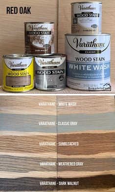 several different types of wood stain are on top of each other, including whitewash and red oak