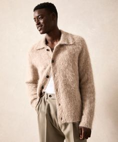 Todd Snyder X Woolrich Kanata Handknit Cardigan Brushed Mohair, Sweatshorts Shorts, Slouchy Cardigan, Tuxedo Shirt Dress, Dress Shirt And Tie, Sand Stone, Shirt And Tie, Todd Snyder, Cashmere Accessories