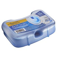 a blue plastic container filled with soap on top of a white surface and the words acticlean written above it