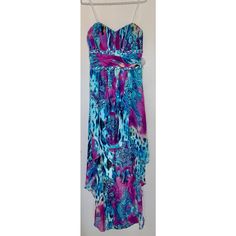 Fully Lined. Side Zipper. Padded Bust Area. Summer Embellished Strapless Evening Dress, Embellished Strapless Dress With Sweetheart Neckline For Summer, Blue Embellished Maxi Dress For Summer, Summer Prom Maxi Dress, Deb Dresses, Beaded Jewels, Side Zipper, High & Low, High Low